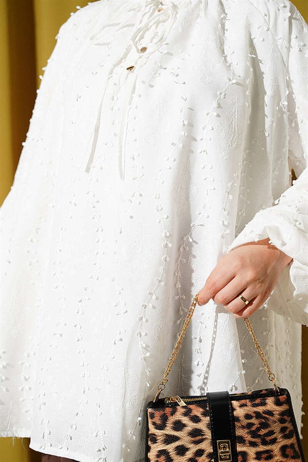 Embroidered Balloon Sleeve Loose Tunic White