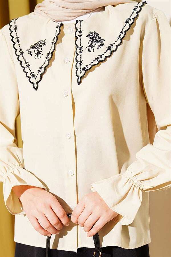 Embroidered Peter Pan Collar Skirt 2 Piece Set, Beige