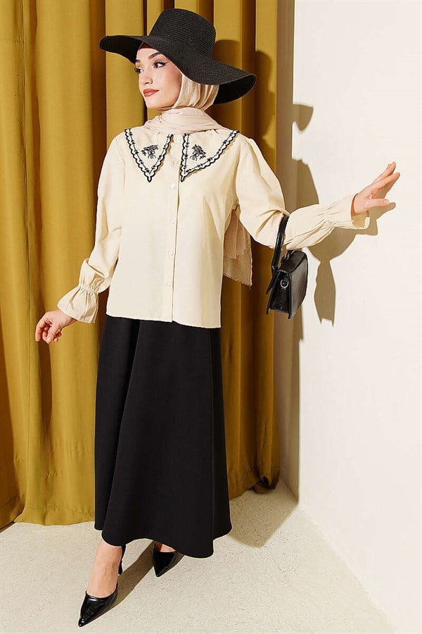 Embroidered Peter Pan Collar Skirt 2 Piece Set, Beige