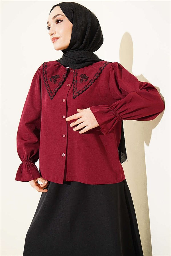Embroidered Peter Pan Collar Skirt 2 Piece Set in Burgundy