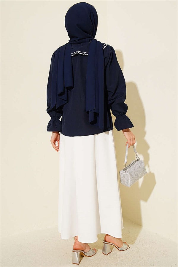 Embroidered Peter Pan Collar Skirt 2 Piece Set, Navy Blue