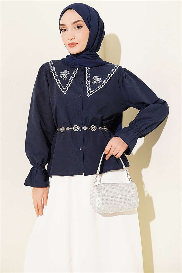 Embroidered Peter Pan Collar Skirt 2 Piece Set, Navy Blue