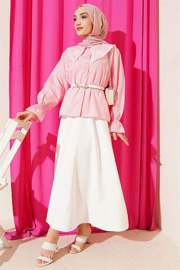 Embroidered Peter Pan Collar Skirt 2 Piece Set Pink