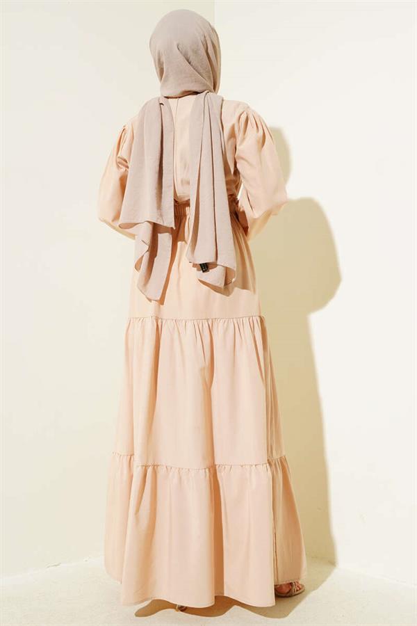 Embroidered Elastic Waist Layered Dress Beige