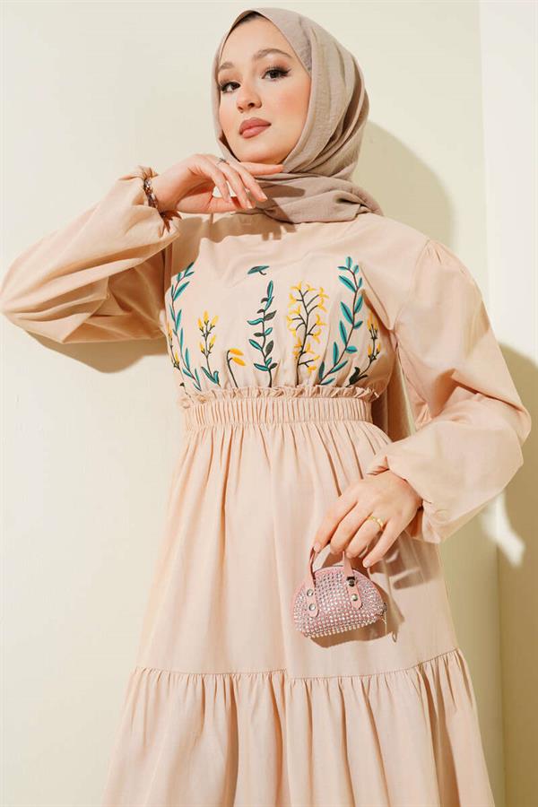 Embroidered Elastic Waist Layered Dress Beige