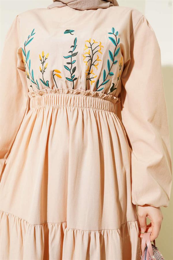 Embroidered Elastic Waist Layered Dress Beige