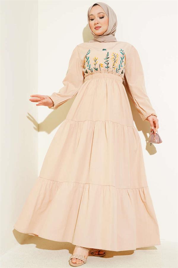 Embroidered Elastic Waist Layered Dress Beige