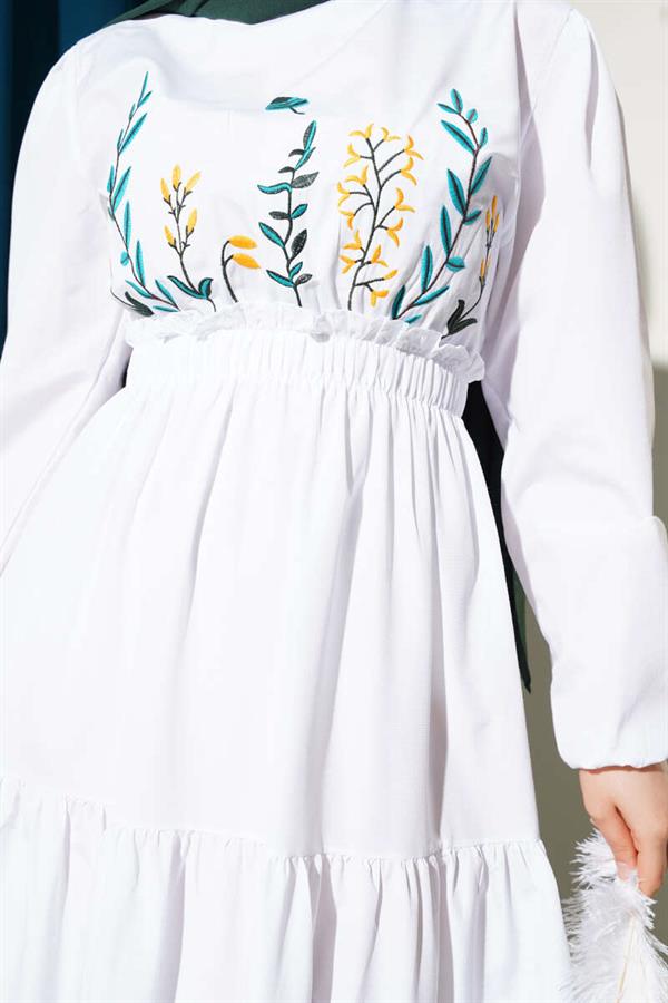 Embroidered Elastic Waist Layered Dress White