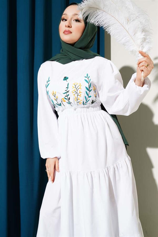 Embroidered Elastic Waist Layered Dress White