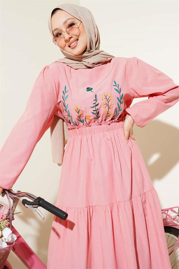 Embroidered Elastic Waist Layered Dress Powder
