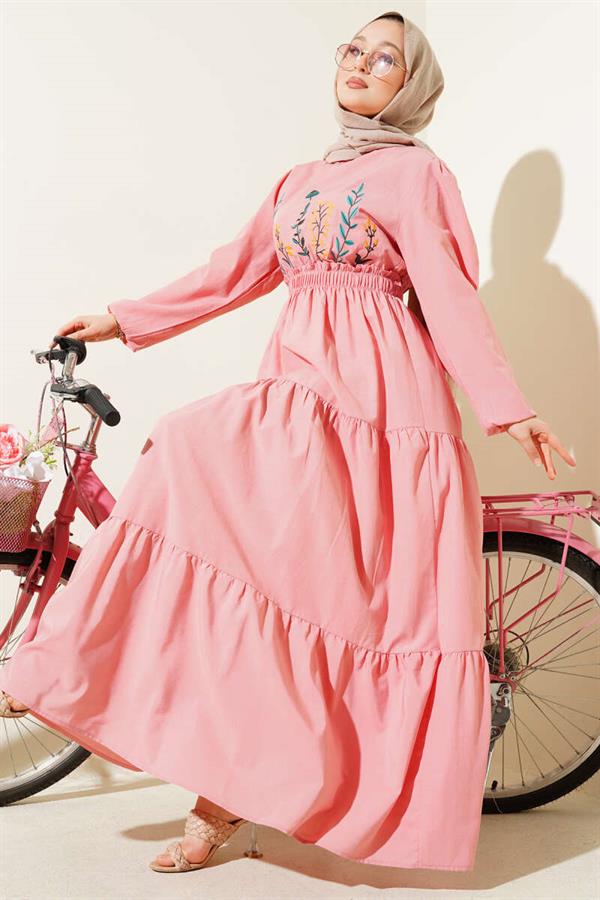 Embroidered Elastic Waist Layered Dress Powder