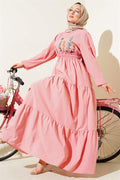 Embroidered Elastic Waist Layered Dress Powder