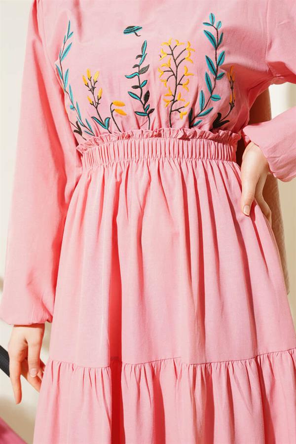 Embroidered Elastic Waist Layered Dress Powder