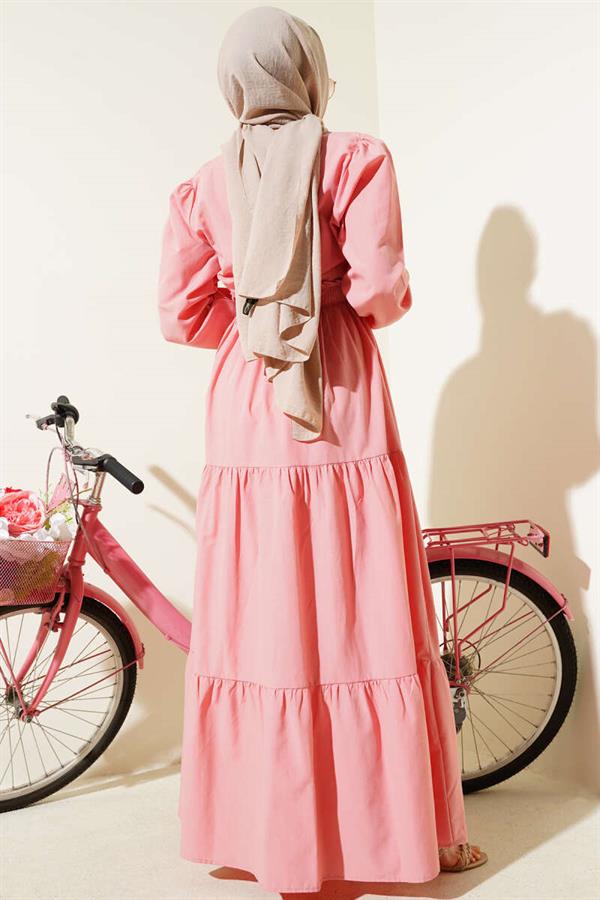 Embroidered Elastic Waist Layered Dress Powder