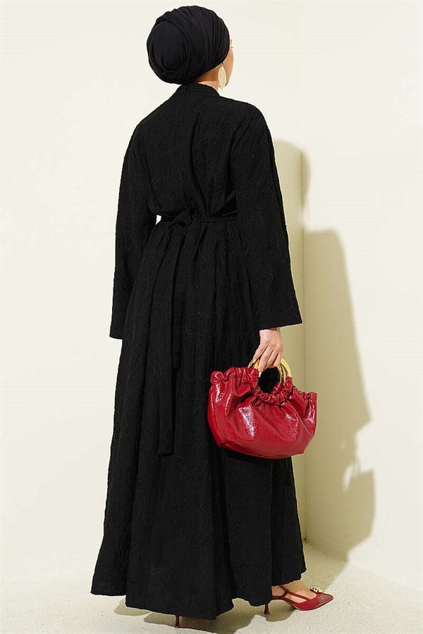 Embroidered Dress with Waist Darts and Gold Accessories, Black