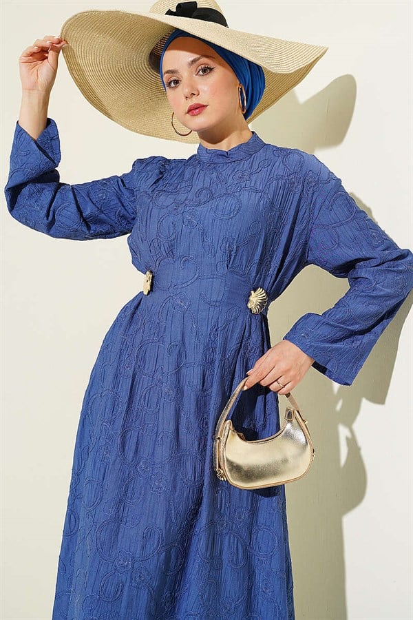 Embroidered Dress with Waist Darts and Gold Accessories, Indigo