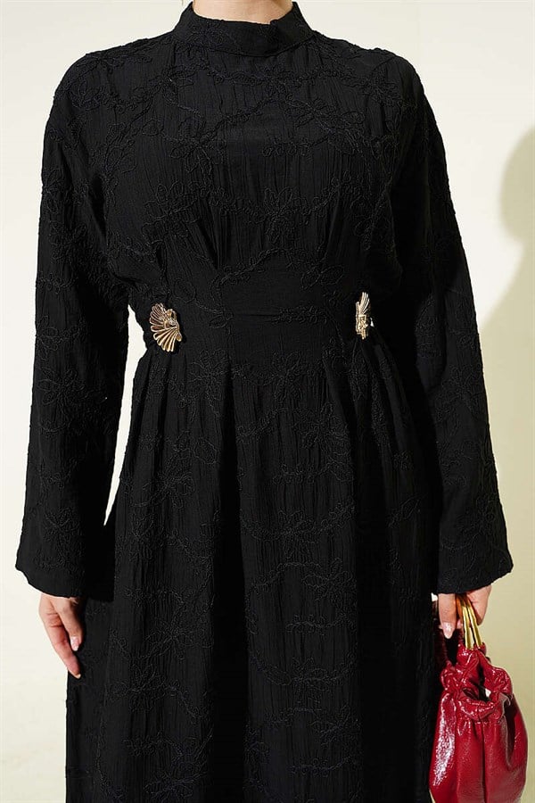 Embroidered Dress with Waist Darts and Gold Accessories, Black