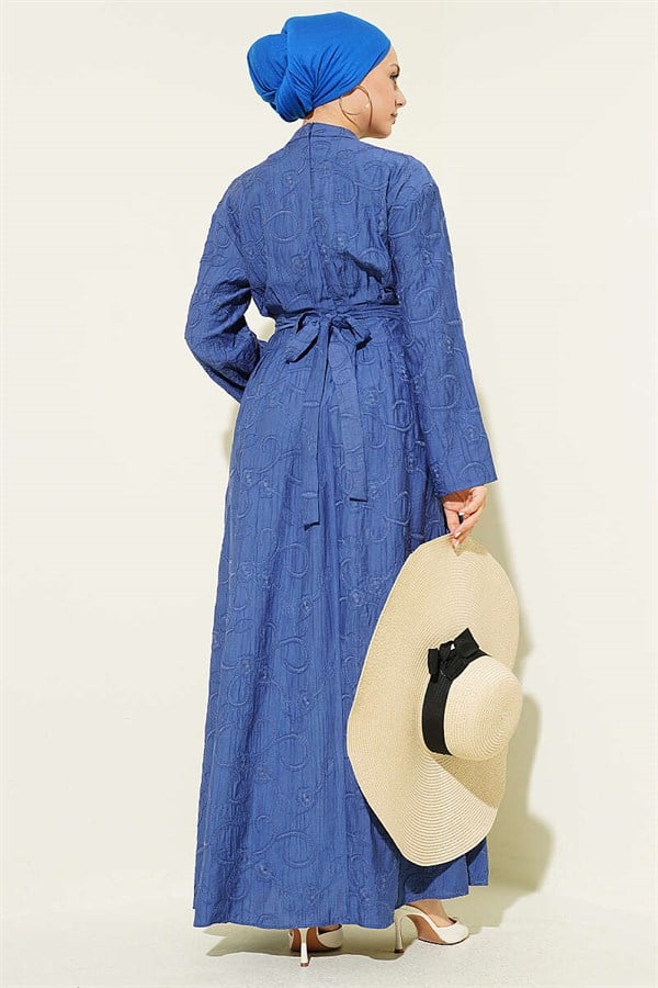 Embroidered Dress with Waist Darts and Gold Accessories, Indigo