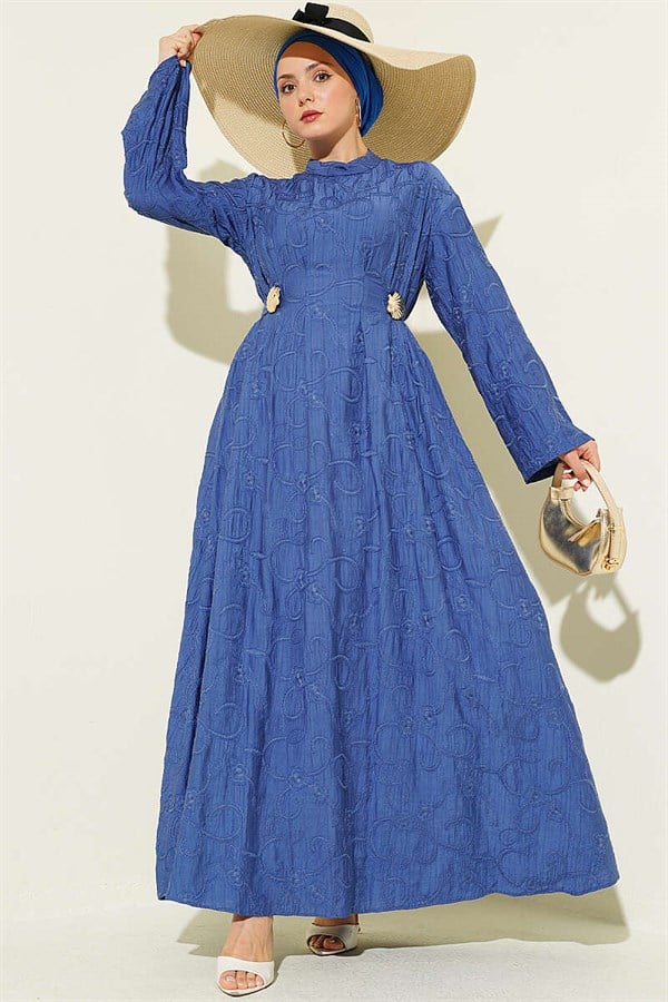 Embroidered Dress with Waist Darts and Gold Accessories, Indigo