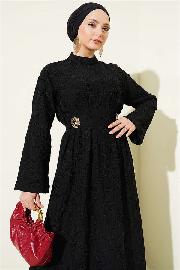 Embroidered Dress with Waist Darts and Gold Accessories, Black