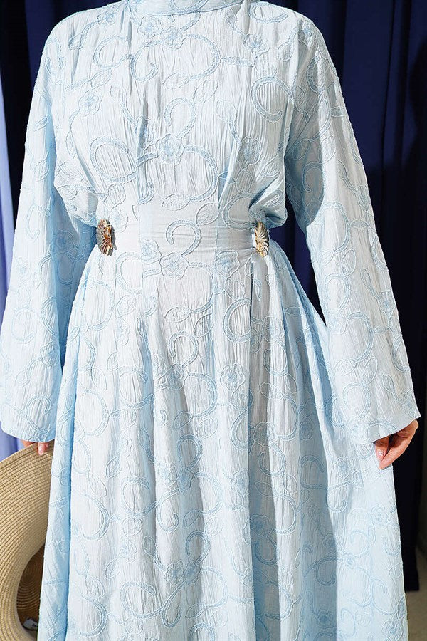 Embroidered Dress with Waist Darts and Gold Accessories, Baby Blue