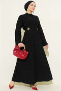 Embroidered Dress with Waist Darts and Gold Accessories, Black