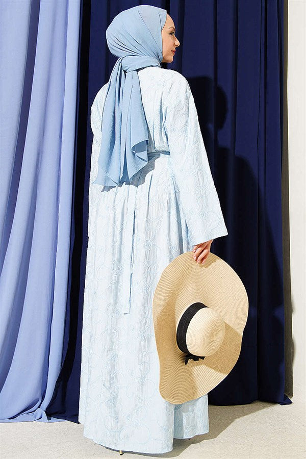 Embroidered Dress with Waist Darts and Gold Accessories, Baby Blue