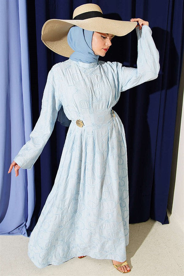 Embroidered Dress with Waist Darts and Gold Accessories, Baby Blue
