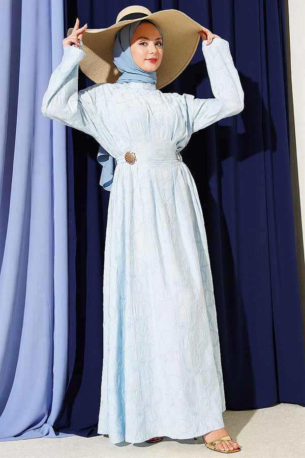 Embroidered Dress with Waist Darts and Gold Accessories, Baby Blue
