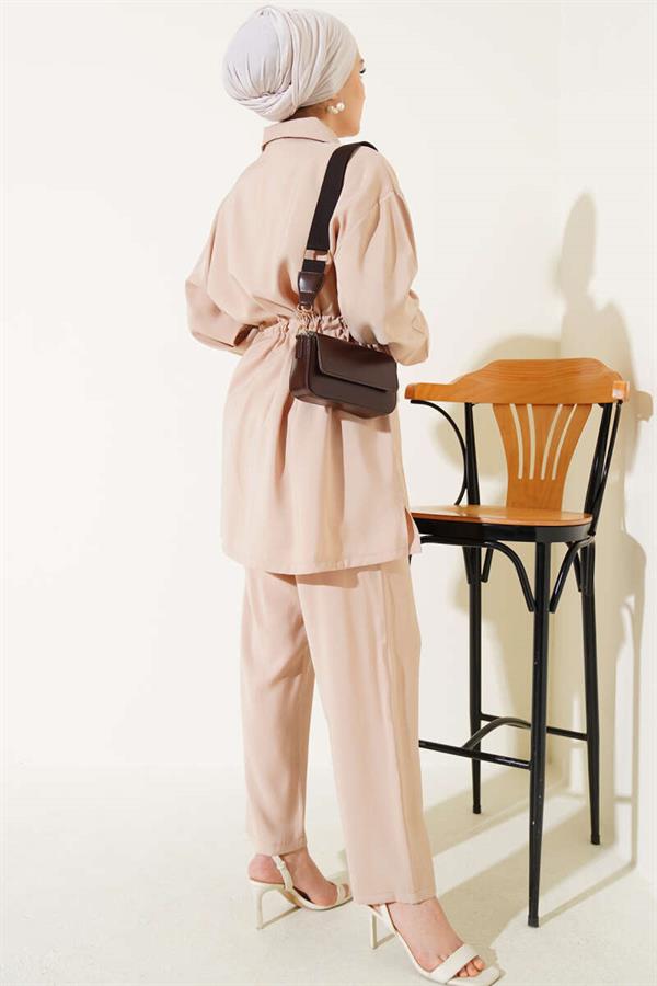 Embroidered Waist Tunnel Tencel 2 Piece Set Stone