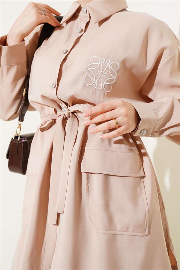 Embroidered Waist Tunnel Tencel 2 Piece Set Stone