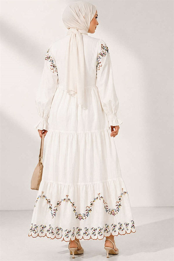 Embroidered Dress with Elasticated Ankles, White