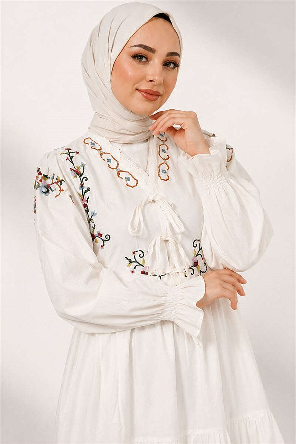 Embroidered Dress with Elasticated Ankles, White