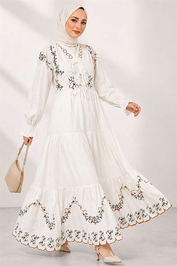 Embroidered Dress with Elasticated Ankles, White
