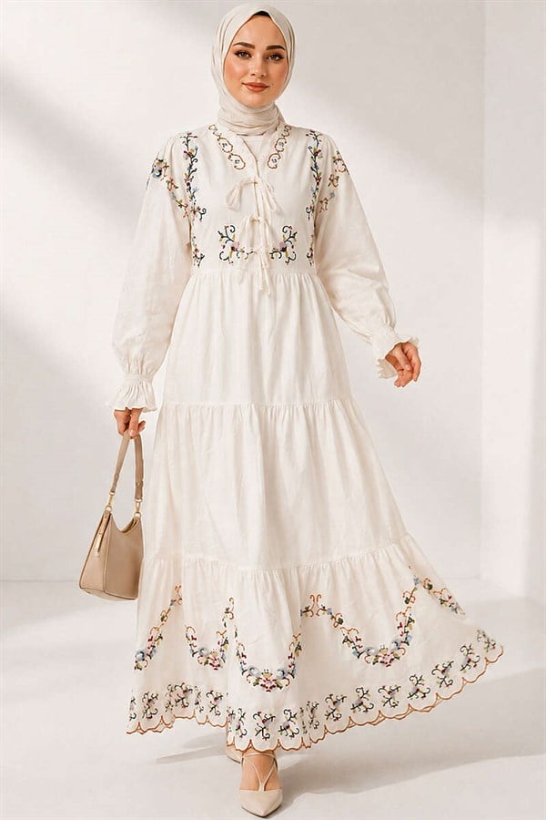 Embroidered Dress with Elasticated Ankles, White