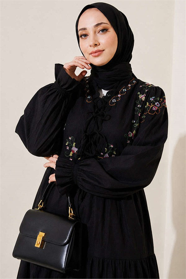 Embroidered Dress with Elasticated Ankles, Black
