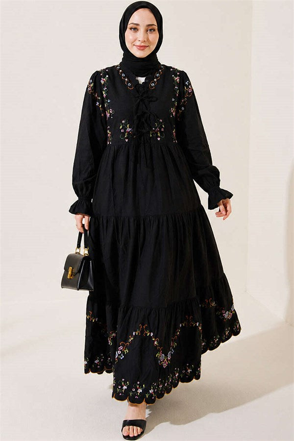 Embroidered Dress with Elasticated Ankles, Black