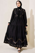 Embroidered Dress with Elasticated Ankles, Black
