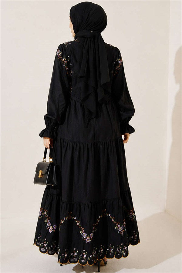 Embroidered Dress with Elasticated Ankles, Black