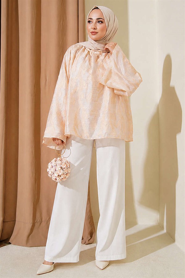 Embroidered Spanish Sleeve Blouse Beige