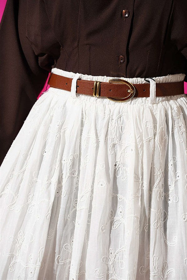 Embroidered Belted Flared Skirt, Ecru