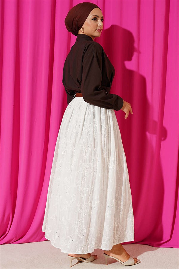 Embroidered Belted Flared Skirt, Ecru