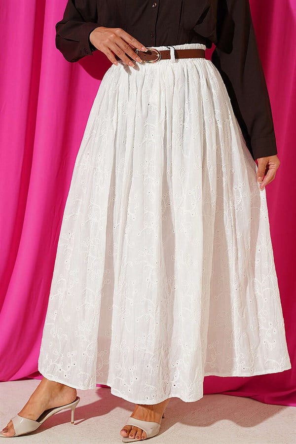 Embroidered Belted Flared Skirt, Ecru