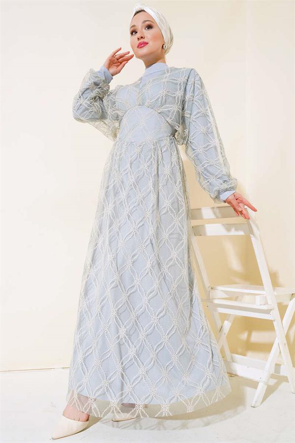Embroidered Tulle Dress Gray