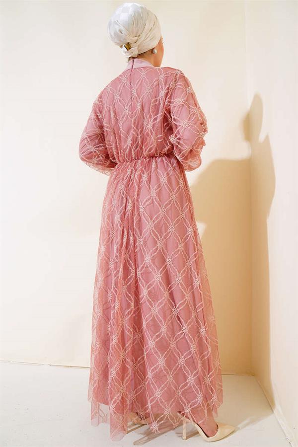 Embroidered Tulle Dress Dusty Rose