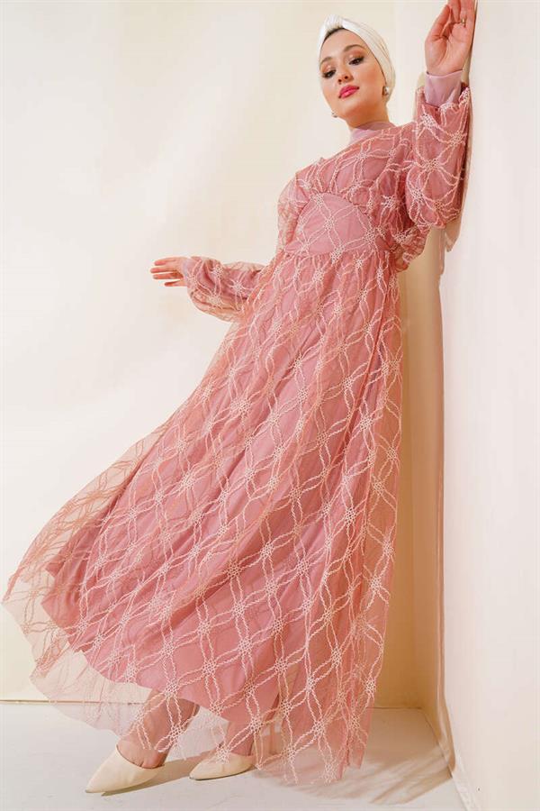 Embroidered Tulle Dress Dusty Rose