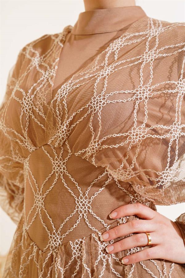 Embroidered Tulle Dress Latte