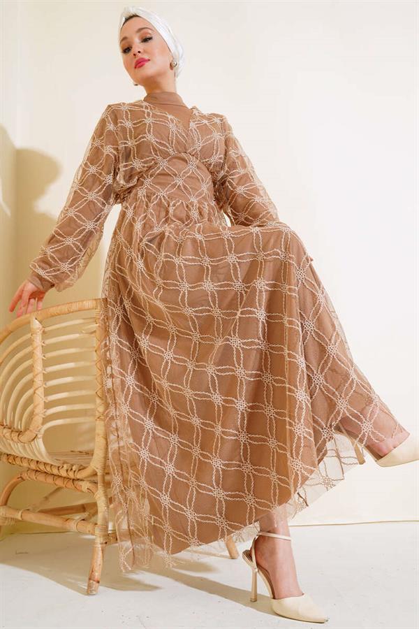 Embroidered Tulle Dress Latte