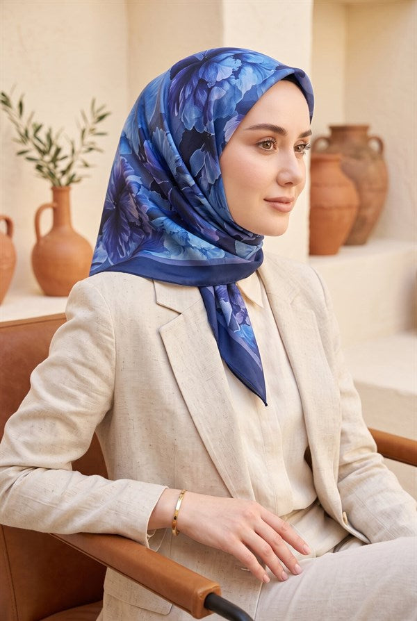Natural Floral Pattern Scarf Series Navy Blue