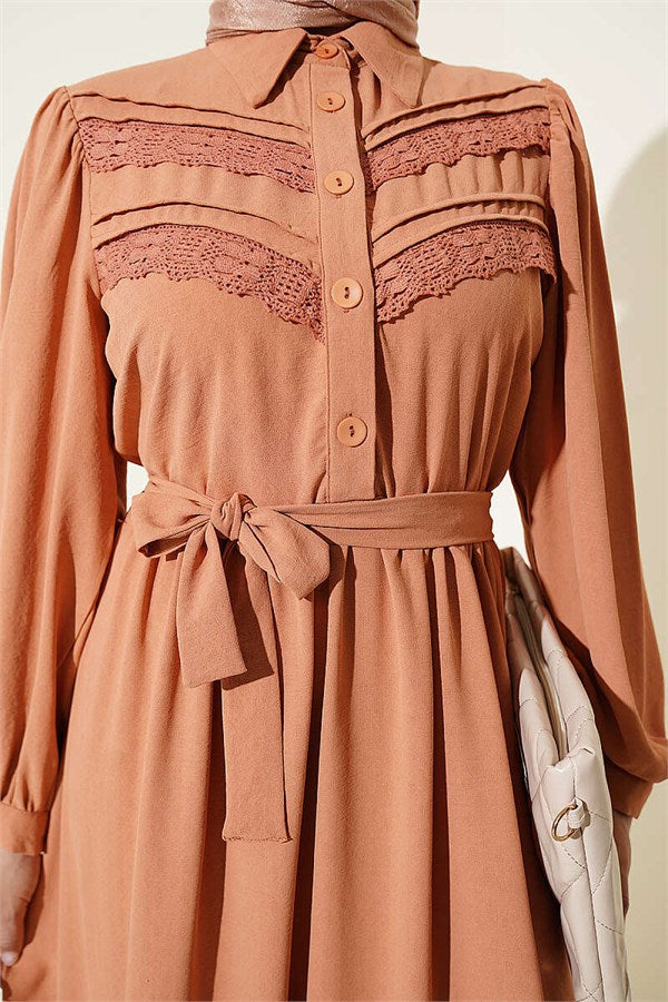 Ribbed Lace Detail Dress Camel